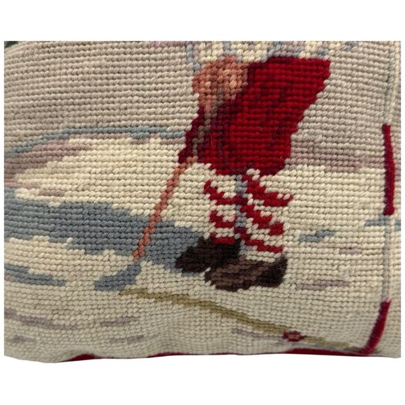 Vtg Needlepoint Pillow Santa Golfing 9" Sq Red Velvet Backing Christmas Decor - Picture 6 of 14